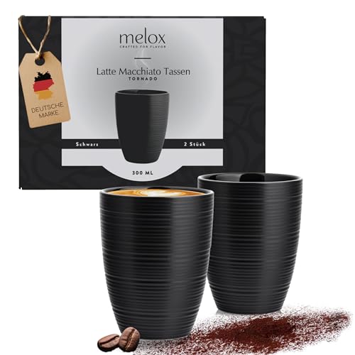 MELOX - 2er Set Latte Macchiato Tassen Tornado-Line Porzellan Schwarz ohne Henkel - 2 x 300ml Tassen für Latte, Kaffee & Cappuccino dickwandig - Kaffeetassen Coffee Cup im italienischem Design von MELOX