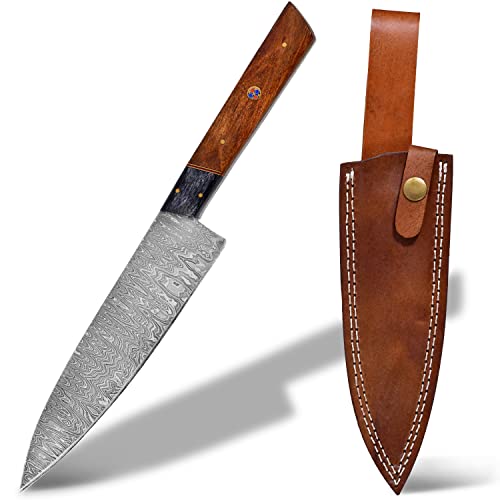 MELOX - Premium Damastmesser mit 19cm extrem scharfer Klinge - Profi Damast Küchenmesser mit Holzgriff & Leder-Etui - Japanisches Santoku Kochmesser aus echtem 67 lagigen Damaszener-Stahl von MELOX