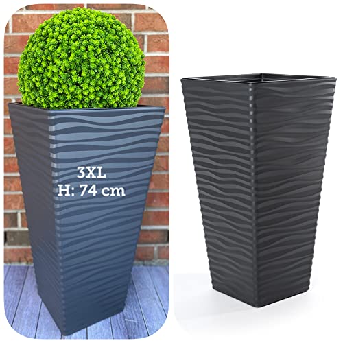 MELTOM 3XL Pflanzkübel Slim Quadratisch 3D Effekt - Wellen - Farbe: Anthrazit mit Herausnehmbaren Einsatz, BxH: 38 x 74 cm von MELTOM