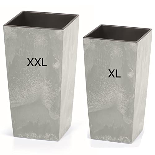 MELTOM Blumenkübel mit Einsatz Slim Hoch Quadratisch Beton Optik SET2: XXL+XL Farbe: Grau von MELTOM