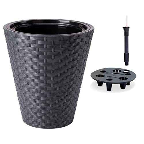 MELTOM Blumentopf mit Bewässerungssystem 3D Effekt Rattan Rund Slim Niedrig, Farbe: Anthrazit, DxH: 40 x 45 cm von MELTOM