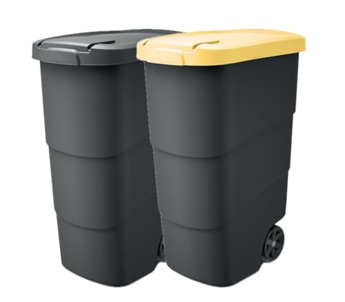 MELTOM 90L Müllbehälter mit Rädern und Deckel Mülltonne Müllgroßbehälter Großmülltonne Universaltonne Kunststoff 2er-Pack (SCH+GE) von MELTOM