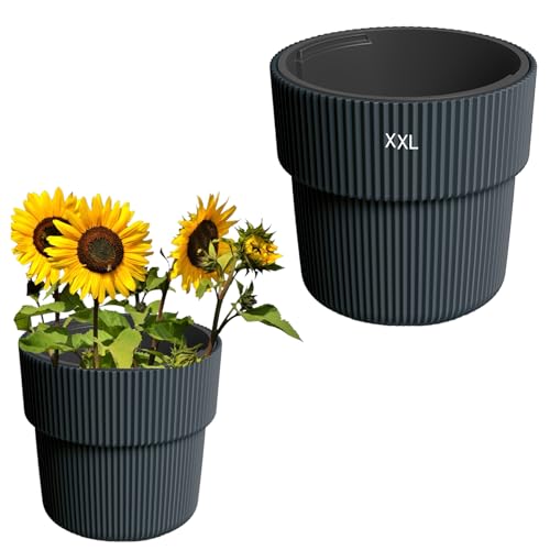 Blumenkübel Blumentopf mit Herausnehmbaren Einsatz Rund Dekorativ Frostbeständiger vertikale Rillen (Anthrazit, XXL) von MELTOM