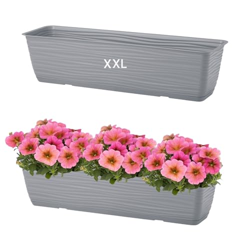 Blumentopf Blumenkasten mit Halter Balkonkasten Wellen 3D Effekt mit Untersetzer (Grau, XXL- 80cm) von MELTOM