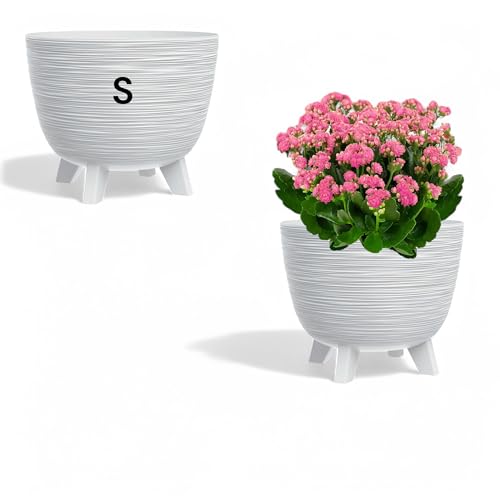 Blumentopf mit Füßen aus Kunststoff Schale Rund Kräutertopf 3D Rillen (Weiß, S-24cm) von MELTOM