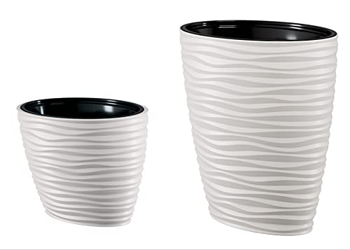 MELTOM Pflanzkübel Slim Oval 3D Effekt Wellen Farbe: Weiß Blumekübel mit Herausnehmbaren Einsatz, Hoch, Set 2: XL+XXL von MELTOM