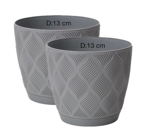 Übertopf ECO 100% recycelt Blumentopf Kräutertopf mit Untersetzer 3D Muster 2er-Pack (Grau, S- 13 cm) von MELTOM