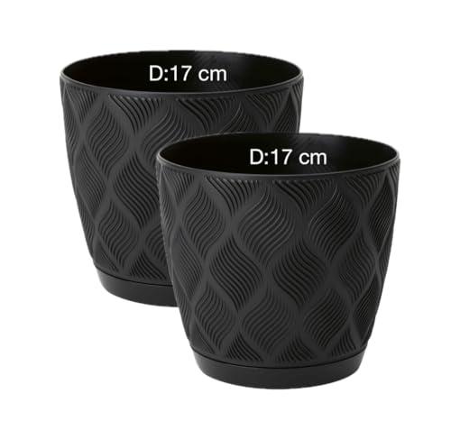 Übertopf ECO 100% recycelt Blumentopf Kräutertopf mit Untersetzer 3D Muster 2er-Pack (Schwarz, L- 17 cm) von MELTOM