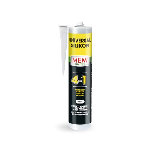MEM Universal Silikon 4in1, Silikon-Dichtstoff für zahlreiche Untergründe, Im Innen- und Außenbereich einsetzbar, UV- und witterungsbeständig, Gebrauchsfertig, Lösemittelfrei, 300 ml Kartusche, Weiß von MEM