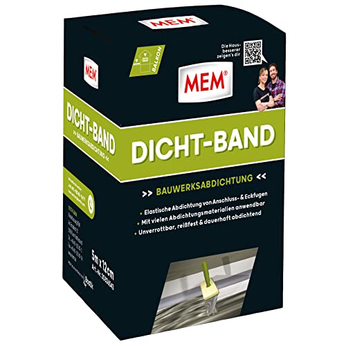 MEM Dicht-Band, Dichtungsband auf Rolle, Reißfest, flexibel und dauerhaft strapazierbar, Unverrottbar und Wasserdicht, 12cm x 5m, Weiß (Trägermaterial) und Grau (Dichtzone) von MEM