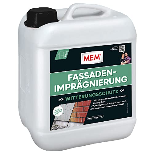 MEM Fassaden-Imprägnierung, Langanhaltender Abperleffekt, Auch für schlecht saugende Untergründe, Einfache Anwendung, Lösemittelfrei, 5 l, Milchig-weiß von MEM