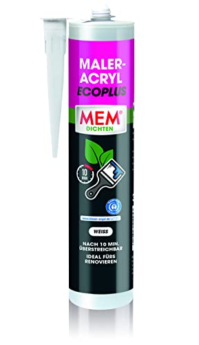 MEM Maler-Acryl Ecoplus, Hochwertige Dichtungsmasse, Ideal für Renovierungsarbeiten, Innen und außen anwendbar, Sehr gute Haftung, Glättbar und Überstreichbar, Lösemittelfrei, 300 ml Kartusche, Weiß von MEM