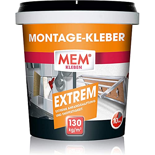 MEM Montage-Kleber Extrem, Pastöser Dispersionsklebstoff, Hohe Anfangshaftung und Endfestigkeit, Für verschiedene Untergründe, Lösemittelfrei, Inklusive Spachtel, 1 kg-Dose, Weiß von MEM