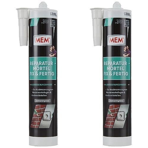 MEM Reparatur-Mörtel Fix & Fertig, Für Mauerwerksfugen und Ausbruchstellen, Für innen und außen, Gebrauchsfertig, Überstreichbar, Zementgrau, 300 ml (Packung mit 2) von MEM
