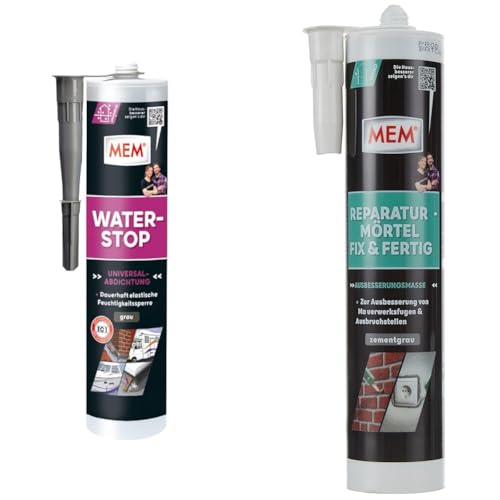 MEM Water Stop, Universalabdichtung und Feuchtigkeitssperre,Grau, 290 ml Kartusche & Reparatur-Mörtel Fix & Fertig, Für Mauerwerksfugen und Ausbruchstellen, Zementgrau, 300 ml von MEM