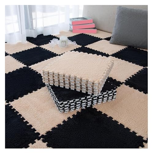MEMEM 12 Stück Plüsch-Ineinander greifende Bodenmatte, Flauschige Teppich-Schaumstofffliesen, 30,5 x 30,5 cm, quadratischer Puzzle-Teppich, Spielmatte for Zimmer, 12 Quadratfuß(Light Brown+Black,1cm) von MEMEM