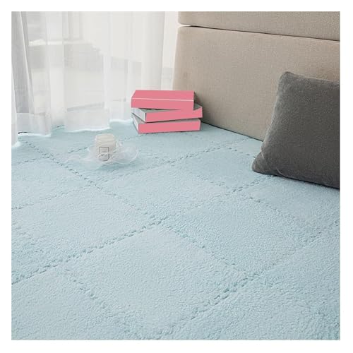MEMEM Ineinander greifende Fußmatten, quadratischer Teppich, 10 Stück Plüsch-Teppich-Puzzlefliesen, weiche Bodenfliesen-Teppiche for die Dekoration des Wohnzimmers und Schlafzimmers(Light Blue,0.6cm) von MEMEM