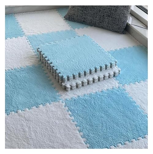 MEMEM Ineinander greifende Teppichfliesen, 8 Stück 30 cm quadratische Plüschschaum-Bodenfliesenmatte, schalldichte Puzzle-Spielmatte fürs Schlafzimmer, Dicke, Flauschige Teppiche(Blue+White,0.6cm) von MEMEM