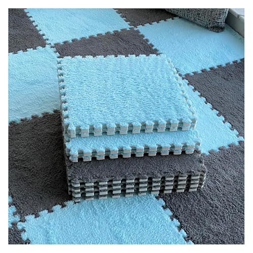 MEMEM Ineinander greifende Teppichfliesen, 8 Stück 30 cm quadratische Plüschschaum-Bodenfliesenmatte, schalldichte Puzzle-Spielmatte fürs Schlafzimmer, Dicke, Flauschige Teppiche(Gray+Blue,0.6cm) von MEMEM