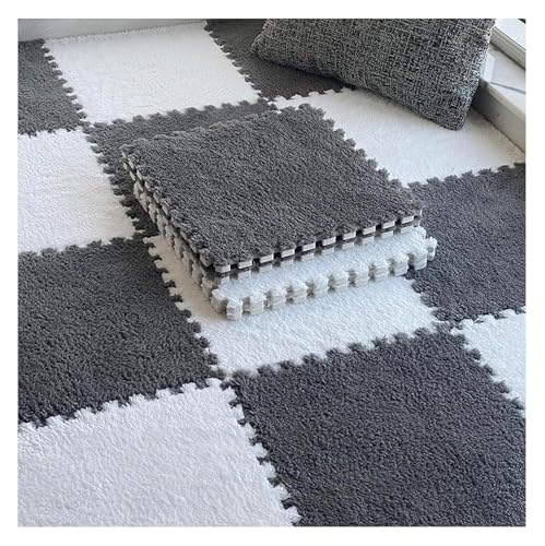 MEMEM Ineinander greifende Teppichfliesen, 8 Stück 30 cm quadratische Plüschschaum-Bodenfliesenmatte, schalldichte Puzzle-Spielmatte fürs Schlafzimmer, Dicke, Flauschige Teppiche(Gray+White,0.6cm) von MEMEM