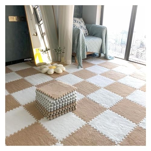 MEMEM Weiche, ineinandergreifende Schaumstoff-Bodenfliesen – 36 Stück 12 x 12 Zoll große Plüsch-Spielmatte mit Rändern – Puzzle-Teppich for Spielzimmer, Kindertagesstätten(Light Brown+White) von MEMEM