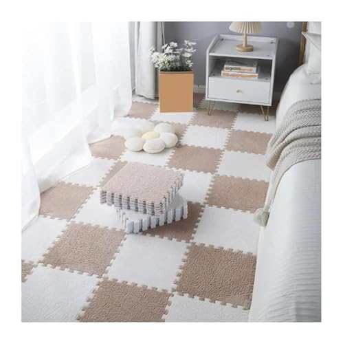 Quadratische Schaumstoff-Bodenmatte, 12 Stück 12 x 12 x 0,4 Zoll dicke Puzzle-Teppiche, flauschige, ineinandergreifende Plüsch-Teppichfliesen, waschbare Teppiche for den Sinnesraum(Light Brown+White) von MEMEM