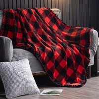 Fleecedecke mit Quastenfransen, Büffelkaro, roter und schwarzer Flanell-Überwurf für Schlafsofa, geeignet für alle Jahreszeiten (130 x 150 cm) von MEMKEY