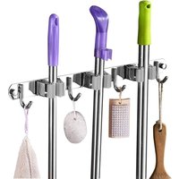 Memkey - Wandbesenhalter – Edelstahl-Besenhalter, Aufbewahrungshalter für Küche, Waschküche, Garage (3 Schlitze und 4 Haken, grau) von MEMKEY