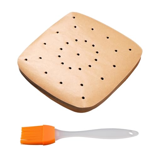 MEMOFYND 100 Stück Pergamentpapier für Luftfritteuse, 1 Stück Backpinsel mit 4 Schichten Borsten, leicht zu reinigen, von Ölflecken fernhalten von MEMOFYND
