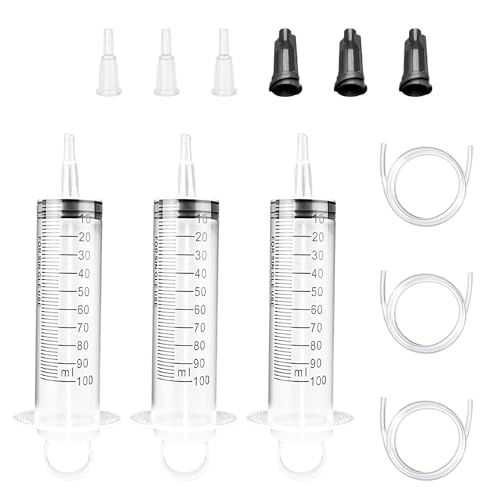 3 Stück 100-ml-Spritzen, 3 Stück schwarze Stopfen, mit Adapter, Schlauch, Spritze mit Schlauch, Flüssigkeitsspritze, Kunststoffspritze für die Tierfütterung, Labor usw. von MEMOFYND