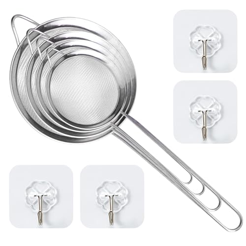 4-Teiliges Siebset Mit 4 Haken, Edelstahlsieb, Küchensieb, Mehlsieb, Nudelsieb, Feinmaschiges Sieb, Feinmaschiges Küchensieb Zum Sieben, Abtropfen, Spülen von MEMOFYND