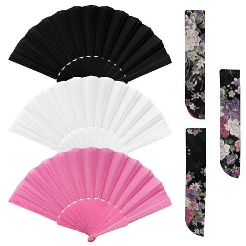 MEMOFYND 3 Stück Hand-Faltfächer Und 3 Stück Fächertaschen, Tragbare Handfächer, Kung-Fu-Tai-Chi-Fächer, Geeignet Für Urlaubsparty-Wanddekorationsgeschenke (Weiß/Rosa/Schwarz) von MEMOFYND