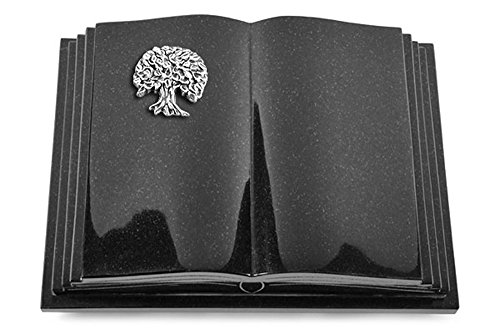 Grabbuch, Grabplatte, Grabstein, Grabkissen, Urnengrabstein, Liegegrabstein Modell Livre Pagina 40 x 30 x 8-9 cm Indisch-Black-Granit, poliert inkl. Gravur (Aluminium-Ornament Baum 3) von MEMORUM Grabmale