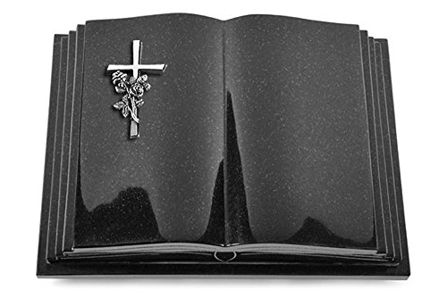 Grabbuch, Grabplatte, Grabstein, Grabkissen, Urnengrabstein, Liegegrabstein Modell Livre Pagina 40 x 30 x 8-9 cm Indisch-Black-Granit, poliert inkl. Gravur (Aluminium-Ornament Kreuz/Rose) von MEMORUM Grabmale