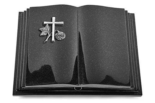 Grabbuch, Grabplatte, Grabstein, Grabkissen, Urnengrabstein, Liegegrabstein Modell Livre Pagina 40 x 30 x 8-9 cm Indisch-Black-Granit, poliert inkl. Gravur (Aluminium-Ornament Kreuz 1) von MEMORUM Grabmale