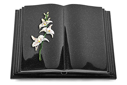 Grabbuch, Grabplatte, Grabstein, Grabkissen, Urnengrabstein, Liegegrabstein Modell Livre Pagina 40 x 30 x 8-9 cm Indisch-Black-Granit, poliert inkl. Gravur (Bronze-Color-Ornament Orchidee) von MEMORUM Grabmale