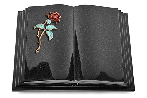 Grabbuch, Grabplatte, Grabstein, Grabkissen, Urnengrabstein, Liegegrabstein Modell Livre Pagina 40 x 30 x 8-9 cm Indisch-Black-Granit, poliert inkl. Gravur (Bronze-Color-Ornament Rose 2) von MEMORUM Grabmale