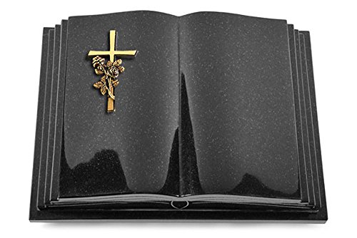 Grabbuch, Grabplatte, Grabstein, Grabkissen, Urnengrabstein, Liegegrabstein Modell Livre Pagina 40 x 30 x 8-9 cm Indisch-Black-Granit, poliert inkl. Gravur (Bronze-Ornament Kreuz/Rose) von MEMORUM Grabmale