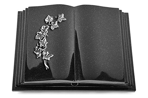 MEMORUM Grabmale Grabbuch, Grabplatte, Grabstein, Grabkissen, Urnengrabstein, Liegegrabstein Modell Livre Pagina 40 x 30 x 8-9 cm Indisch-Black-Granit, poliert inkl. Gravur (Aluminium-Ornament Efeu) von MEMORUM Grabmale