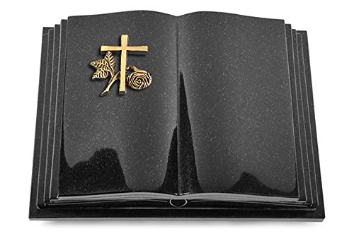 MEMORUM Grabmale Grabbuch, Grabplatte, Grabstein, Grabkissen, Urnengrabstein, Liegegrabstein Modell Livre Pagina 40 x 30 x 8-9 cm Indisch-Black-Granit, poliert inkl. Gravur (Bronze-Ornament Kreuz 1) von MEMORUM Grabmale