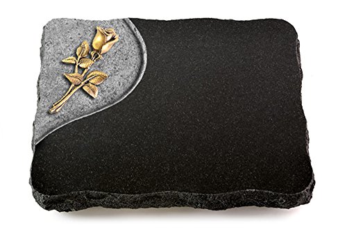 MEMORUM Grabmale Grabplatte, Grabstein, Grabkissen, Urnengrabstein, Liegegrabstein Modell Folio 40 x 30 x 5 cm Indisch Black-Granit, poliert inkl. Gravur (Bronze-Ornament Rose 8) von MEMORUM Grabmale