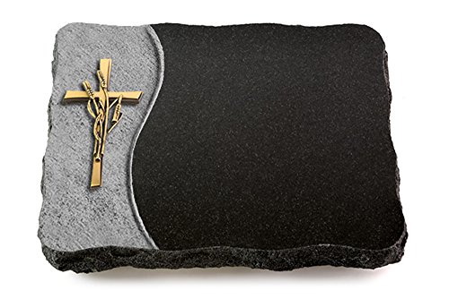 MEMORUM Grabmale Grabplatte, Grabstein, Grabkissen, Urnengrabstein, Liegegrabstein Modell Wave 40 x 30 x 5 cm Indisch Black-Granit, poliert inkl. Gravur (Bronze-Ornament Kreuz/Ähren) von MEMORUM Grabmale