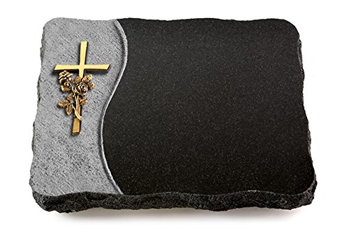 MEMORUM Grabmale Grabplatte, Grabstein, Grabkissen, Urnengrabstein, Liegegrabstein Modell Wave 40 x 30 x 5 cm Indisch Black-Granit, poliert inkl. Gravur (Bronze-Ornament Kreuz/Rose) von MEMORUM Grabmale