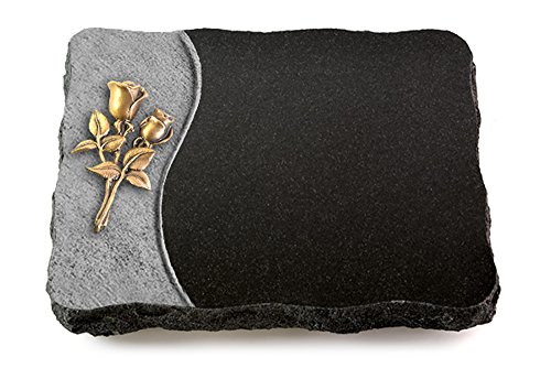 MEMORUM Grabmale Grabplatte, Grabstein, Grabkissen, Urnengrabstein, Liegegrabstein Modell Wave 40 x 30 x 5 cm Indisch Black-Granit, poliert inkl. Gravur (Bronze-Ornament Rose 11) von MEMORUM Grabmale