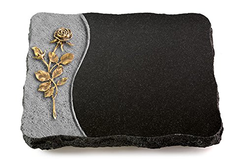 MEMORUM Grabmale Grabplatte, Grabstein, Grabkissen, Urnengrabstein, Liegegrabstein Modell Wave 40 x 30 x 5 cm Indisch Black-Granit, poliert inkl. Gravur (Bronze-Ornament Rose 13) von MEMORUM Grabmale