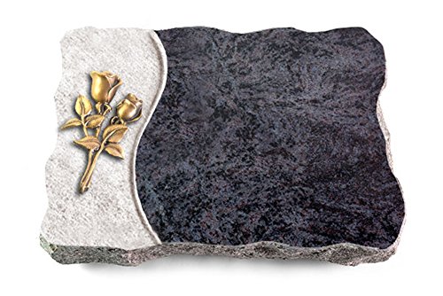 MEMORUM Grabmale Grabplatte, Grabstein, Grabkissen, Urnengrabstein, Liegegrabstein Modell Wave 40 x 30 x 5 cm Orion-Granit, poliert inkl. Gravur (Bronze-Ornament Rose 11) von MEMORUM Grabmale