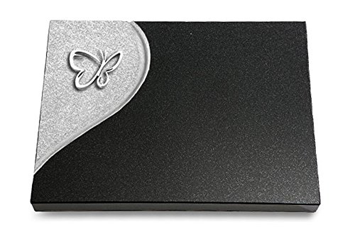 MEMORUM Grabmale Grabtafel, Grabplatte, Grabstein, Grabkissen, Urnengrabstein, Liegegrabstein Modell Folio 40 x 30 x 3-4 cm Indisch-Black-Granit, poliert inkl. Gravur (Aluminium-Ornament Papillon) von MEMORUM Grabmale