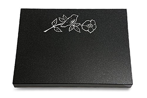 MEMORUM Grabmale Grabtafel, Grabplatte, Grabstein, Grabkissen, Urnengrabstein, Liegegrabstein Modell Pure 40 x 30 x 3-4 cm Indisch-Black-Granit, poliert inkl. Gravur (Sandstrahl-Ornament Rose 1) von MEMORUM Grabmale