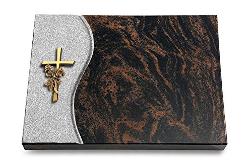 MEMORUM Grabmale Grabtafel, Grabplatte, Grabstein, Grabkissen, Urnengrabstein, Liegegrabstein Modell Wave 40 x 30 x 3-4 cm Aruba-Granit, poliert inkl. Gravur (Bronze-Ornament Kreuz/Rose) von MEMORUM Grabmale