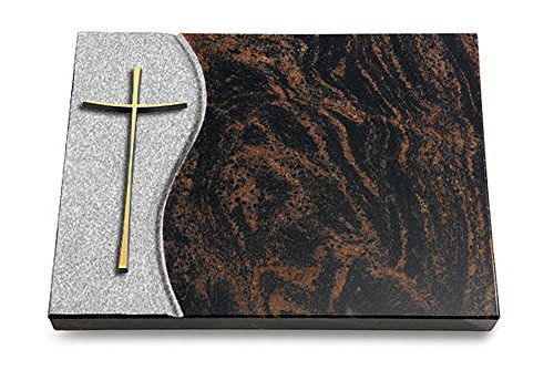 MEMORUM Grabmale Grabtafel, Grabplatte, Grabstein, Grabkissen, Urnengrabstein, Liegegrabstein Modell Wave 40 x 30 x 3-4 cm Aruba-Granit, poliert inkl. Gravur (Bronze-Ornament Kreuz 2) von MEMORUM Grabmale